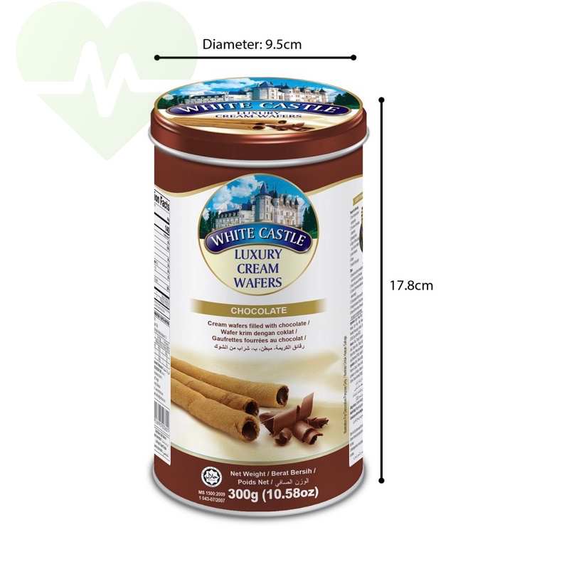 kích thước Bánh quế lon thiếc White Castle 300g vị sô cô la