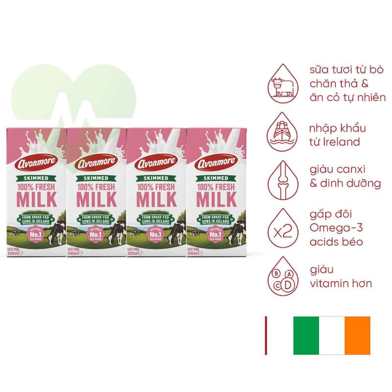 Sữa tươi không béo Avonmore Skim Milk hộp 200ml nhập khẩu Ireland