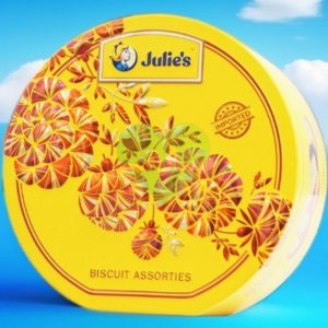 Bánh quy hộp thiếc vạt đáy 100g Julie’s Assorted Biscuits hoa văn vàng