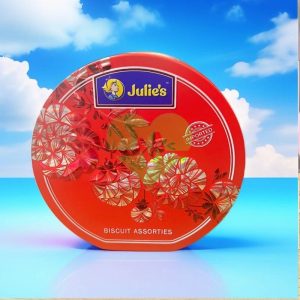 Bánh quy hộp thiếc vạt đáy 100g Julie’s Assorted Biscuits hoa văn đỏ